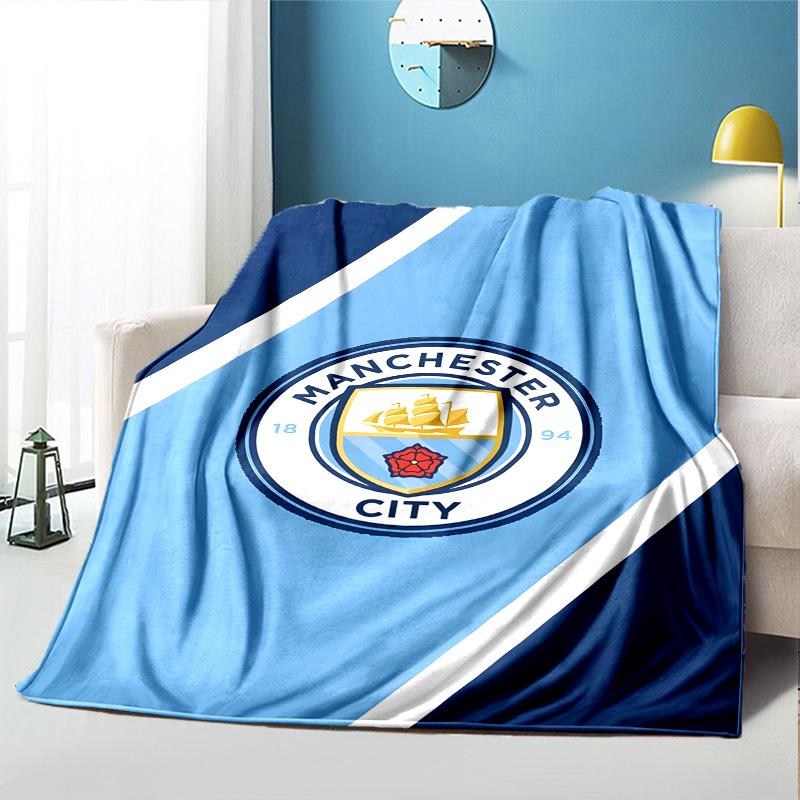 Manchester City FC Pattern Blanket for Home Decoration, Bed, Sofa, Car Travel, Camping, Suitable for All Seasons, Birthday Christmas Gift