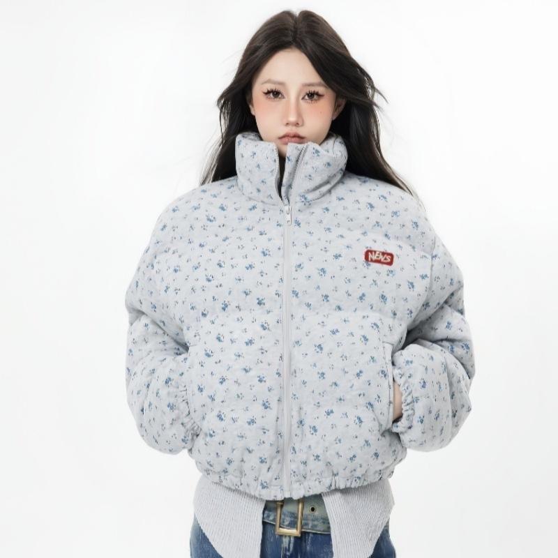 Cotton Clothes with Small Floral Prints Are Full of Short Stand-up Collar Cotton Clothes for Women's Winter Loose Warm Bread Clothes Jacket.