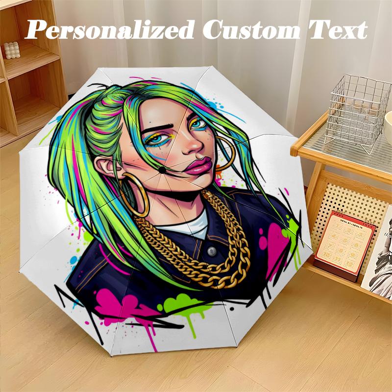 Portable Auto Folding Umbrella,Billie Eilish 8 Rib Waterproof Umbrella For Camping Commute