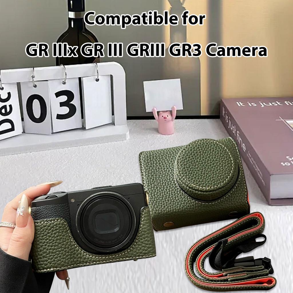 Vintage PU Leather Camera Bag Half Body Protective Cover with Strap for GR IIIx GR III GRIII GR3 Enhanced Grip Soft Lining 1Celsius4 Inch Thread Hole