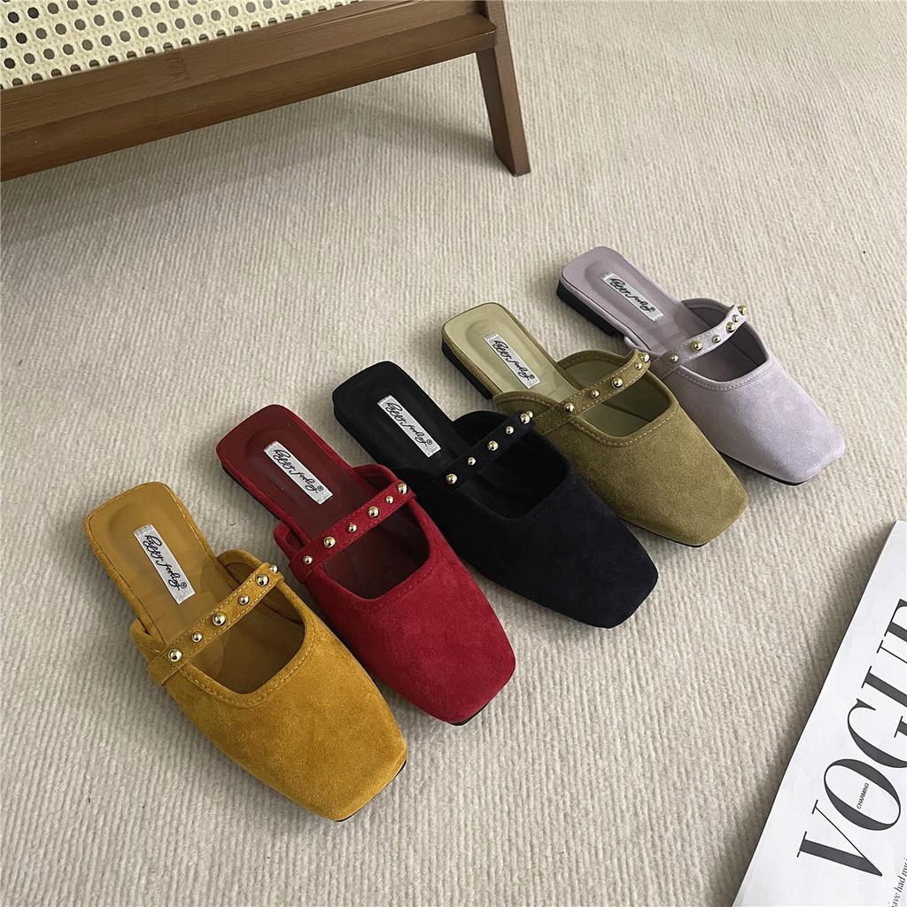 Bailamos Women Flat Slippers Square Toe Sandals Half Mules Slippers Slides Women Simple Slippers Comfortable Office Mule Shoes M