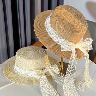 New Lace Bow Pearl Straw Hat Women's Summer Sun Hat Seaside Sun Protection Beach Hat Flat Top Hat