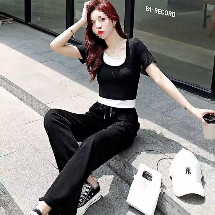 Short Fake Two-piece Top for Summer, Lazy Salt Style Outfit, Street Style Straight Casual Pants Suit, Two-piece Set