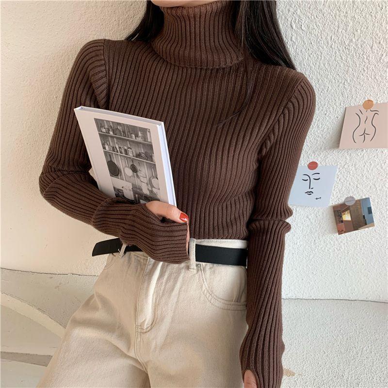 Kumikumi Basic Solid Turtleneck Long sleeve Knit Women clothes Autumn All-Match Slim fit Slimming Inner wear Top