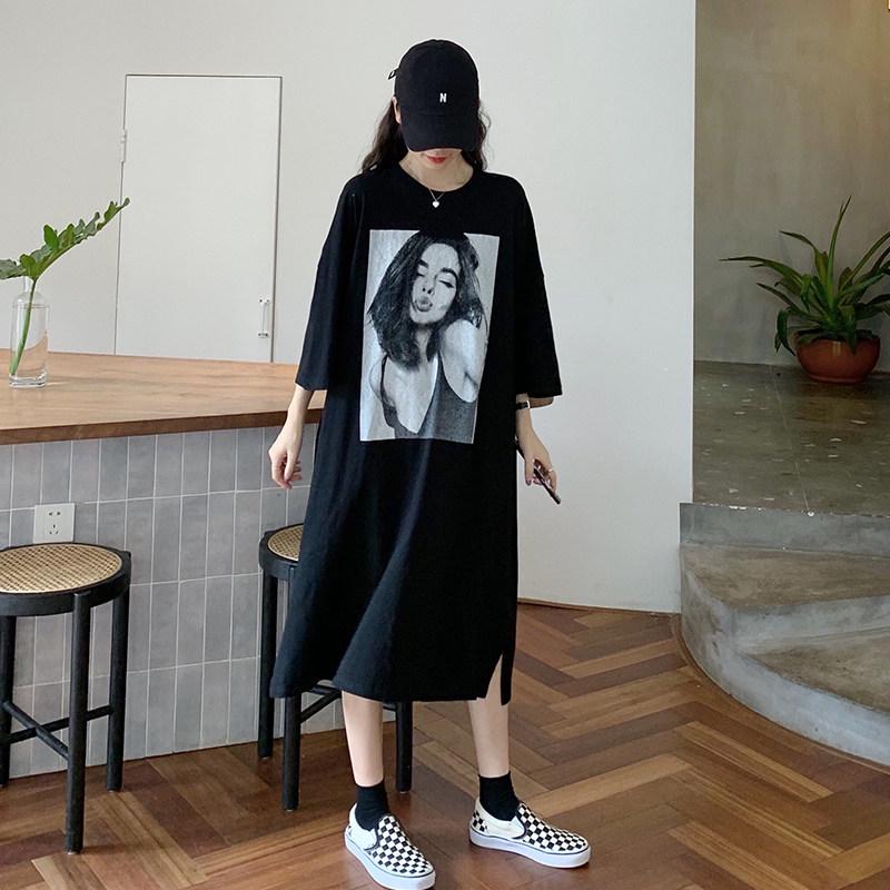 Korean Plus Size Oversized Short Sleeve Knee-Length Casual T-Shirt Dress XL чёрный