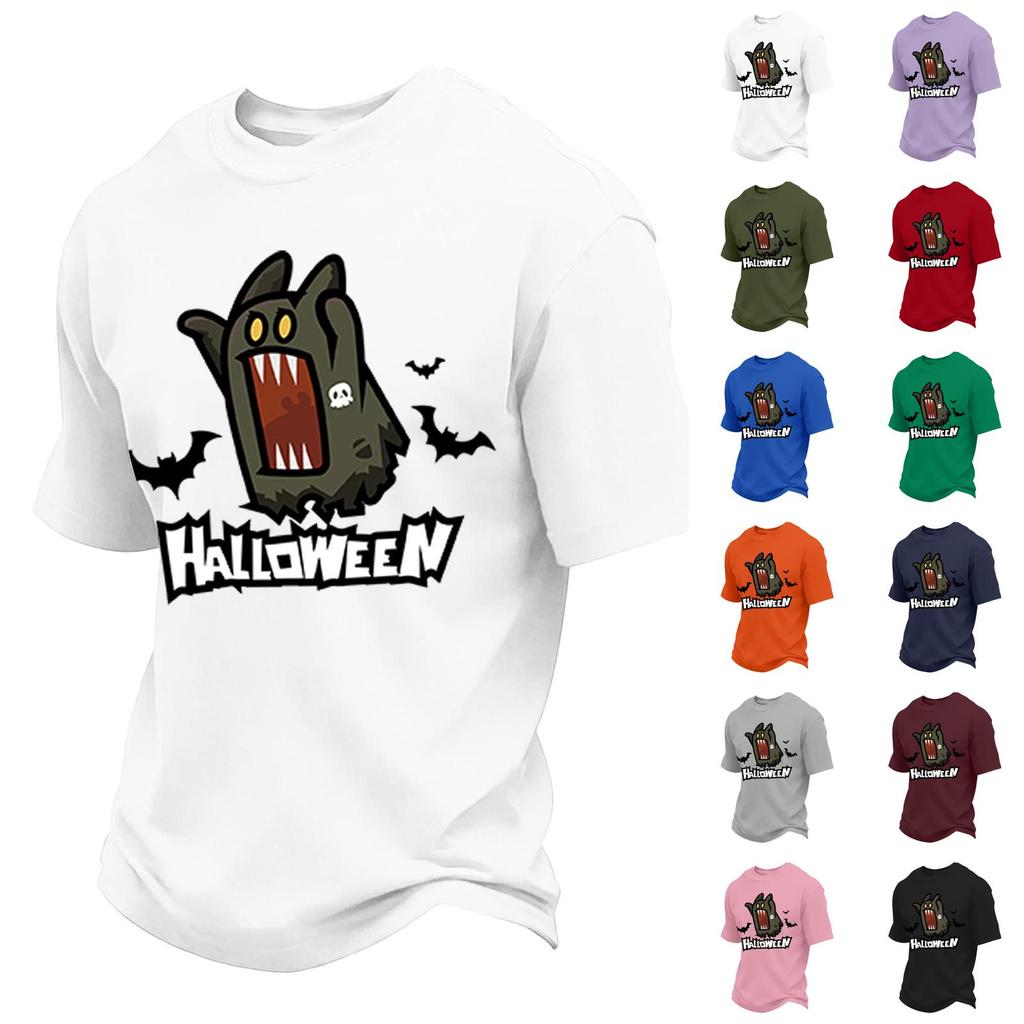 Men's Short Sleeve Round Neck T-Shirt with Halloween Print and Letter Pattern