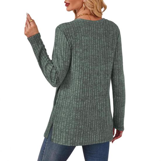 Women Tunic Tops Round Neck Long Sleeve Knit Tops with Side Pockets Solid Color Casual Striped Blouse