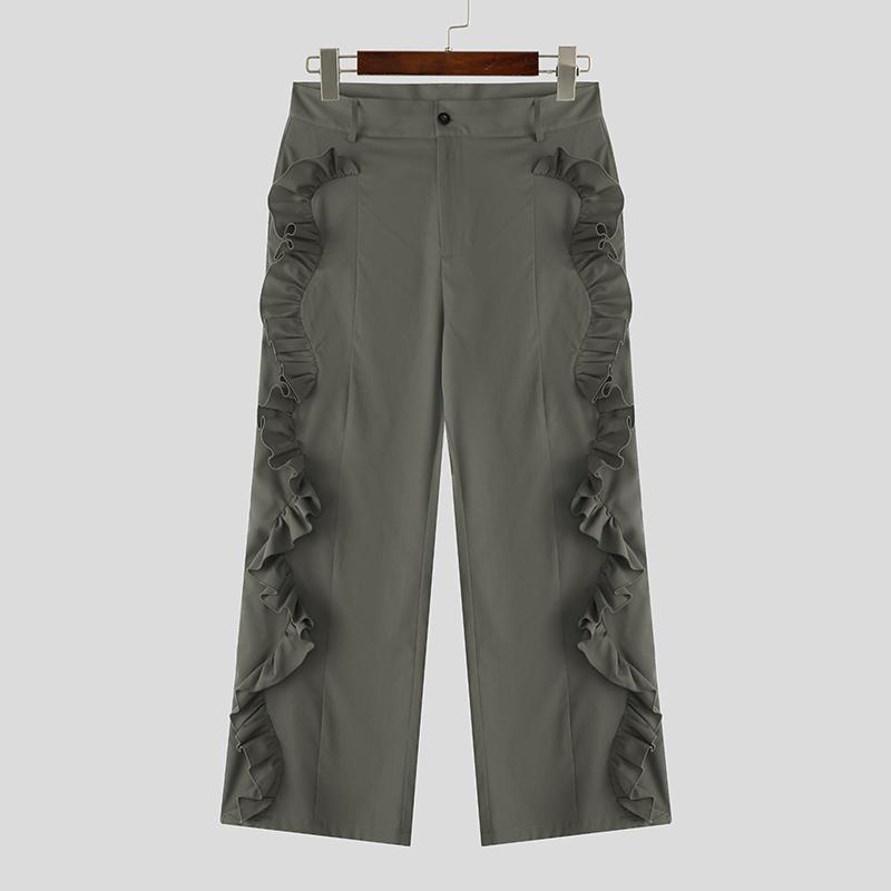 

INCERUN Men Casual Zip-up High Waist Ruffled Hem Wide Legs Pants Trousers 5XL серый