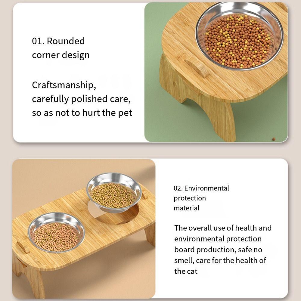 Wooden Stand Holder Elevated Cat Bowls Stainless Steel Bowl Dog Feeder Dish  Small Pets