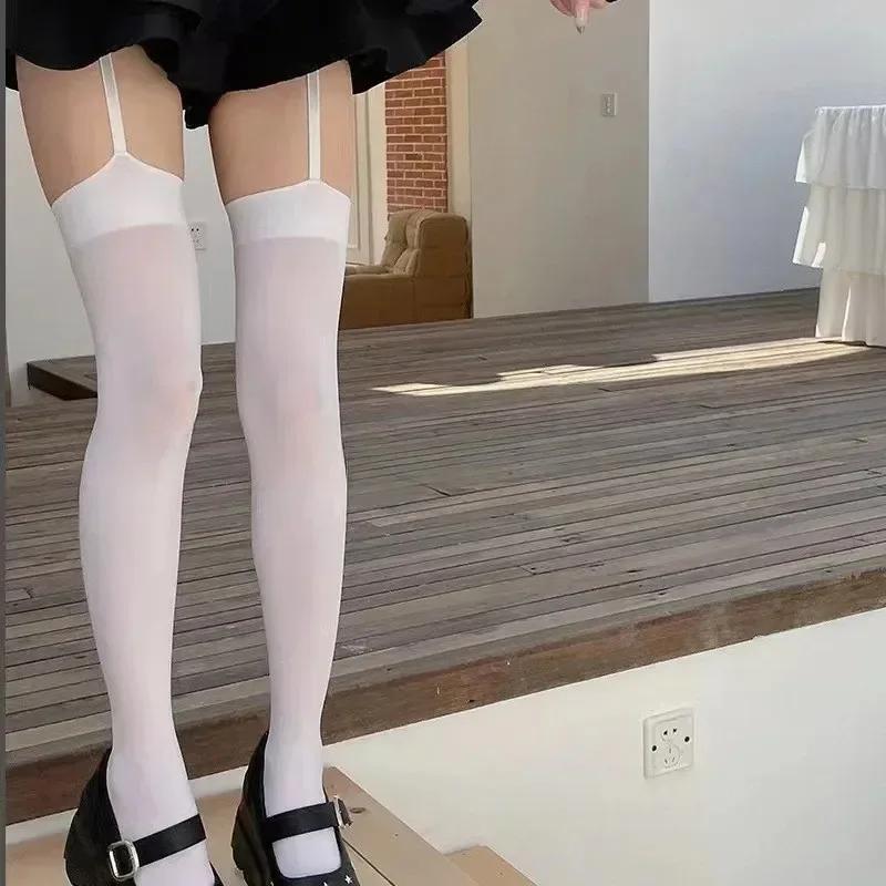 Women Suspender Wide-banded Velvet Tights Lolita Thin Thigh High Stockings with Garters College Style Over The Knee Socks