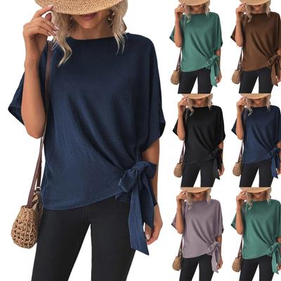 Damen T-Shirt mit Rundhalsausschnitt, einfarbig, kurzärmelig, Saumknoten, lockeres Oberteil