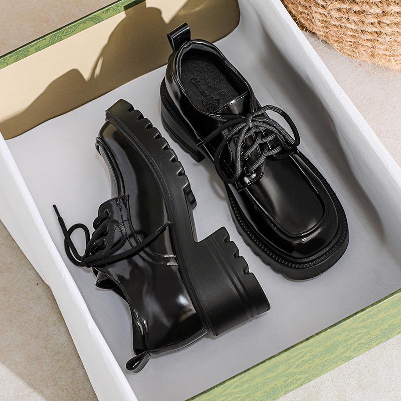 Women's 8cm Height-Increasing Leather Loafers - Chunky Heel, Lace-Up, Square Toe, Spring/Autumn Style