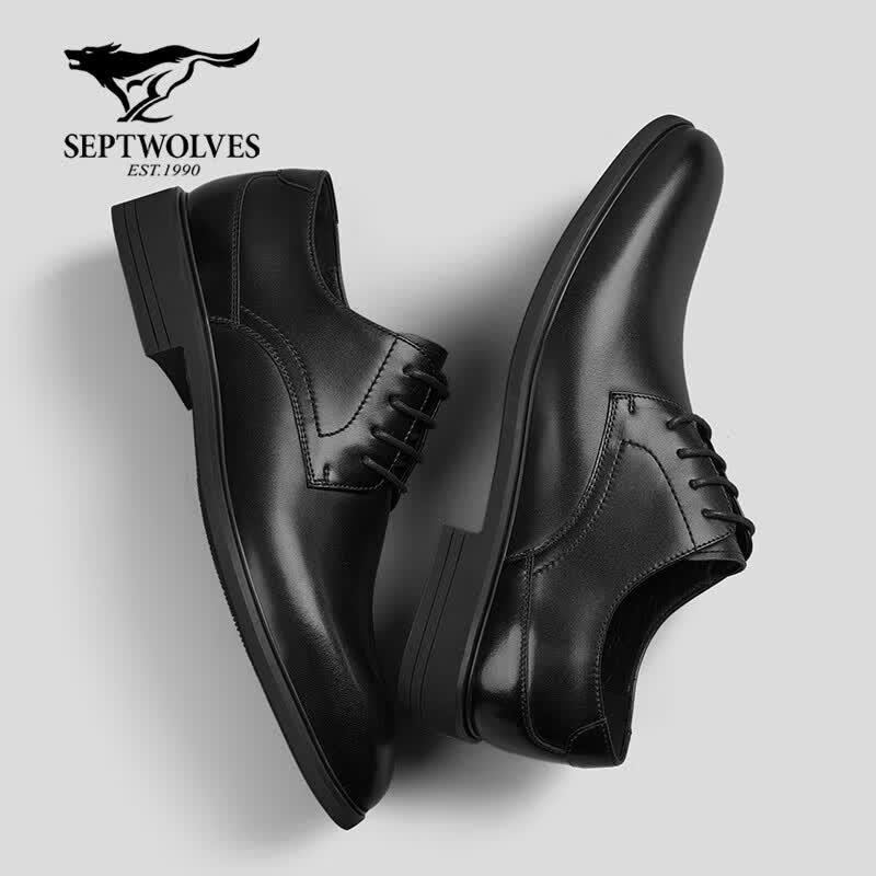 Septwolves Men's Black Leather Business Casual Shoes