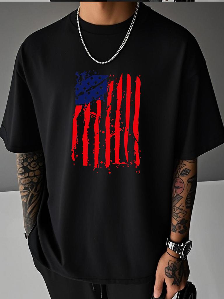 Unisex Summer White Short Sleeve Tee Vintage Distressed Usa American Flag Graphic Print Crew Neck Loose Streetwear Male Casual Tops