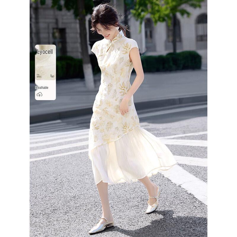 XWI New Chinese Style Textured Print Qipao Dress S