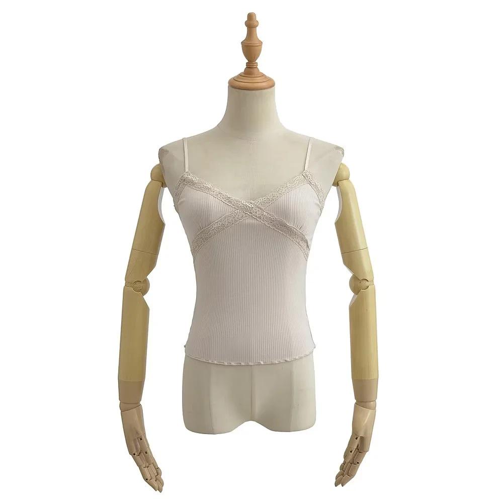 Summer 2023 Lace Trim V-Neck Stretchy Bodycon Camisole Tank Top for Women