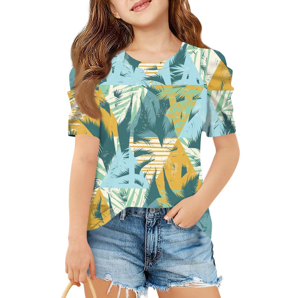 Summer Girls' Short-Sleeved Top, Children's Round-Neck Hawaiian Casual T-Shirt
