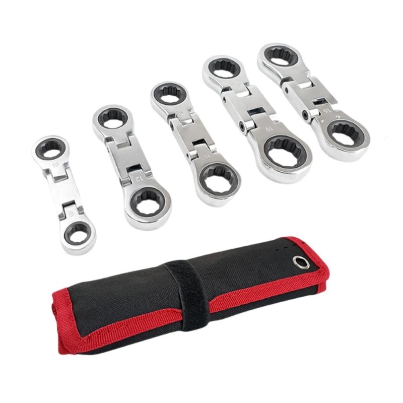 Double Swivels Head Ratcheting Wrench Kit 5Pcs 72 Tooth Mechanism Metal Construction Nonslip Grip Spanner Set 1
