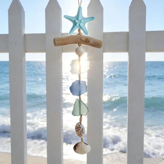 Sea Glass Wooden Nautical Wall Decor Handcrafted Starfish Shells Bathroom Hanging Decoration Beach Coastal Wall Art for Living Room Dining Room