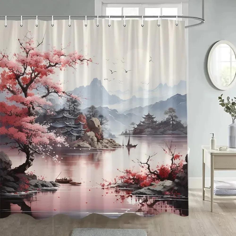 Japanese-style Shower Curtain Koi Fish Landscape Polyester Fabric Bathtub Curtain Bathroom Decoration a Variety of Optional