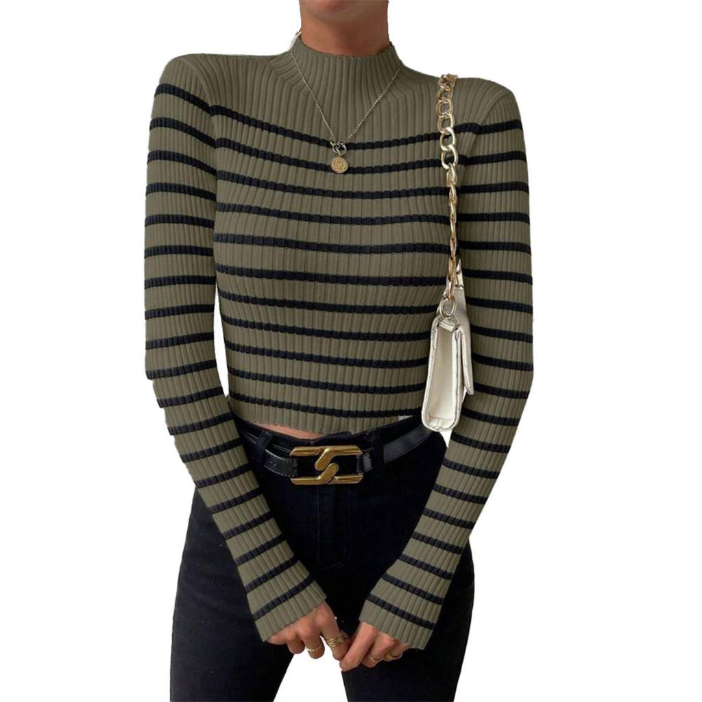 Gestreiftes Muster Mock Neck Slim Pullover, Stilvoller Langarm Rippstrick Pullover für Herbst & Winter, Damenbekleidung