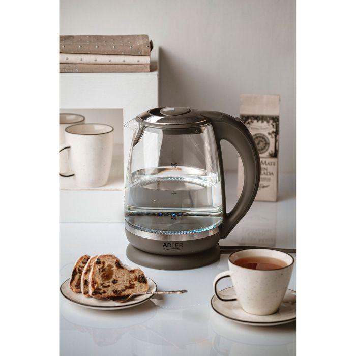 Bouilloire Électrique en Verre 2 Litre, Intérieur Éclairé, sans Fil Adler AD1286 2200W Gris 34230