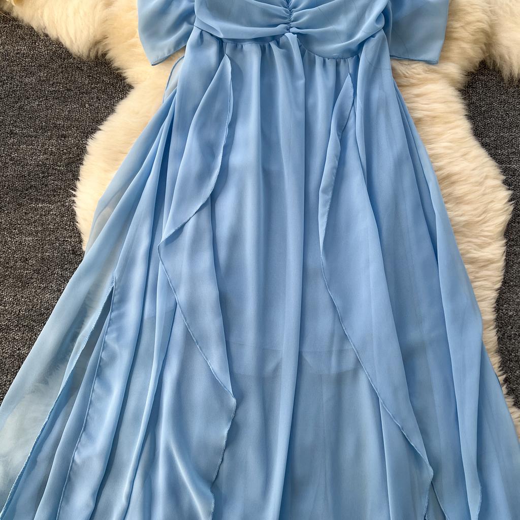 Summer Women Sexy Strapless Open Back Long Maxi Ruffles Chiffon Irregularly Seaside Beach Dresses