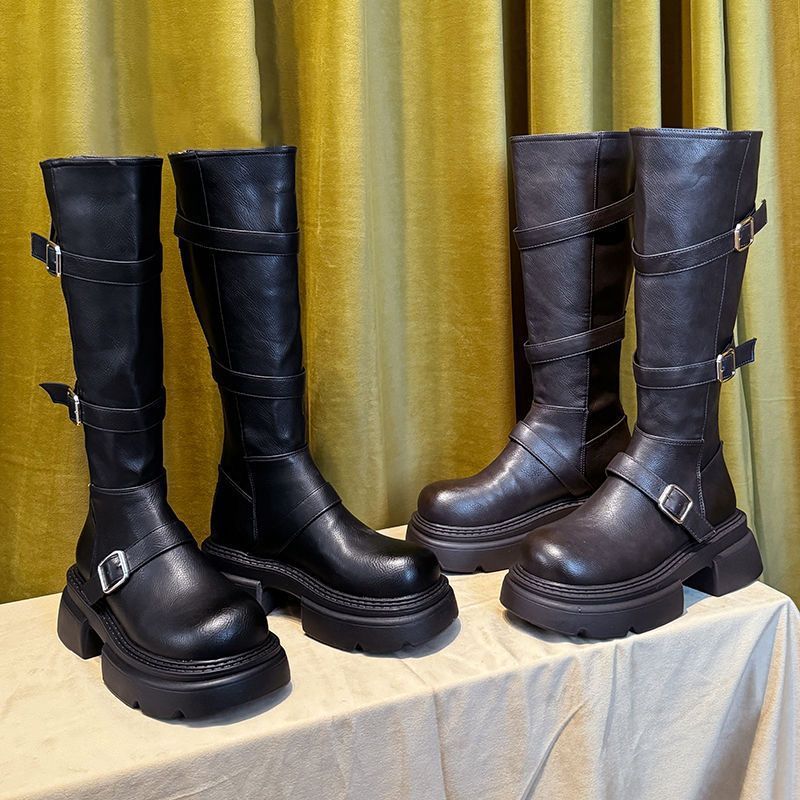 Retro Martin boots women's knee-high boots 2025 new with skirt fashion belt buckle slim boots