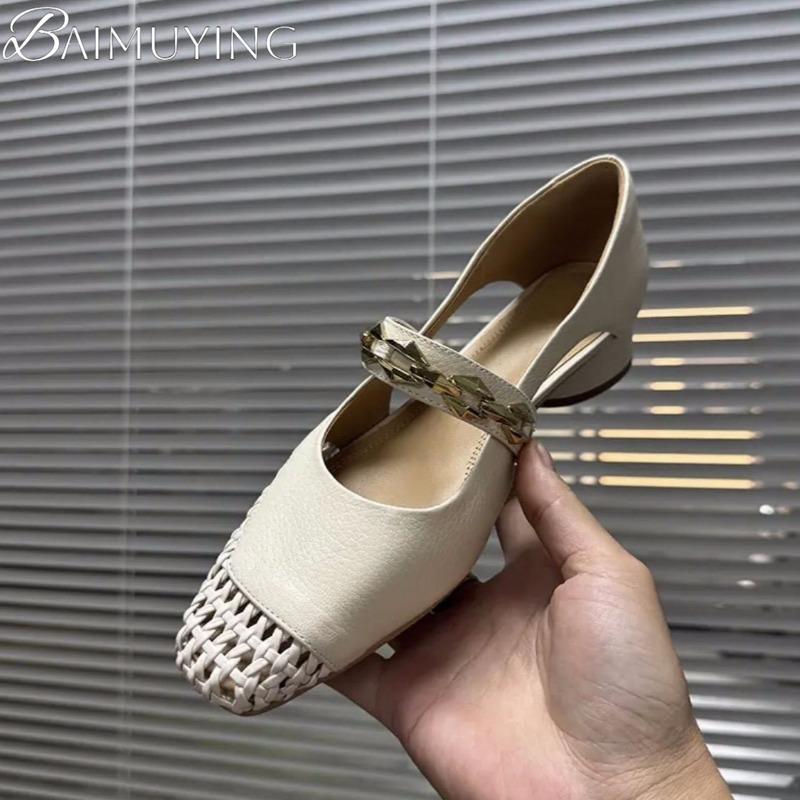 Square Toe Weave Shoes Women Chain Heeled Sandals Summer 2025 Trend Shallow Dress Woman Loafers Casual Soft Leather Sandalias