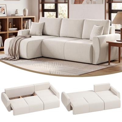 Canapé convertible avec méridienne réversible, Canapé d'angle 3 places avec revêtement en velours, Blanc crème