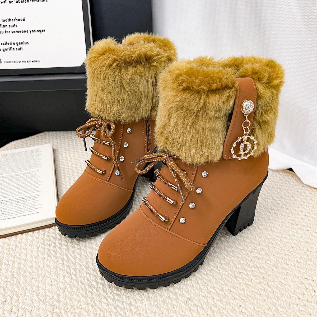 

Женские ботинки Мартина 2025 осень и зима новые толстый каблук короткие женские ботинки стразы боковая молния модные ботинки высокий каблук шерстяные хлопковые ботинки 42 жёлтый