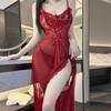 Sexy Pure Desire Thin Mesh See-through Suspenders Two-piece Set High Slit Steel Tray Gathering Dress