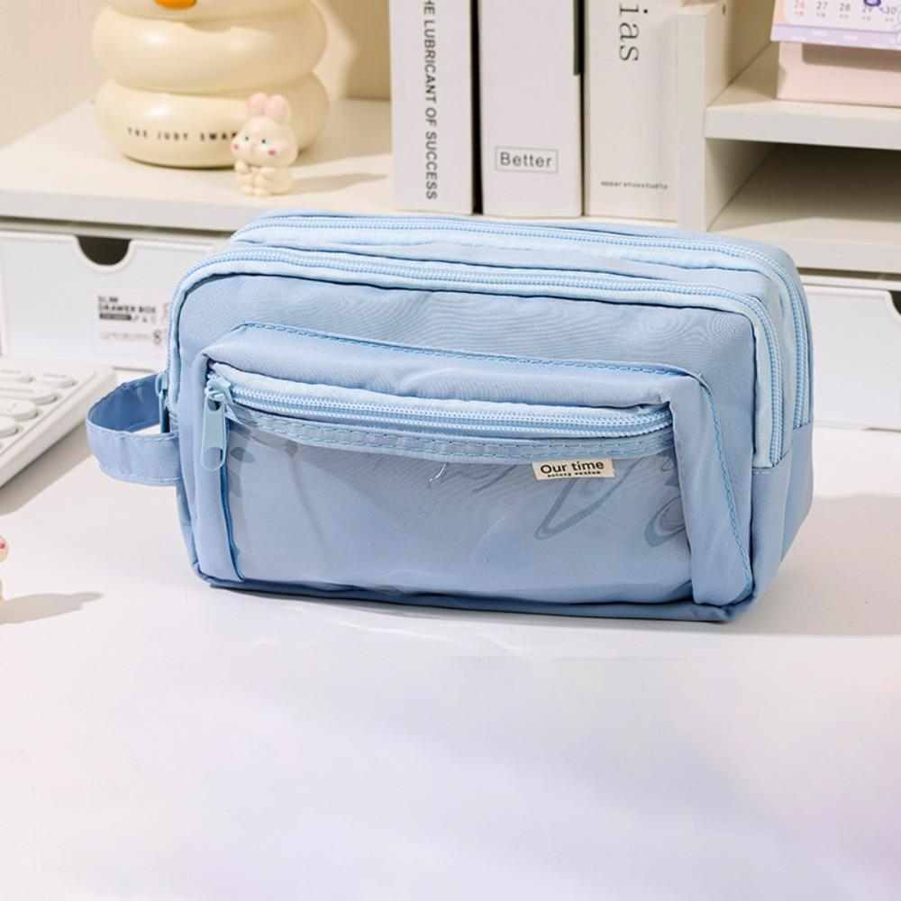 Large Capacity Stationery Storage Bag Zipper Double-layer Students Stationery Pouch Transparent Compartment Multifunctional