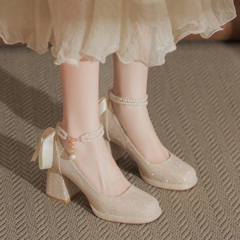 Spring and Summer New Platform Platform Wedding Shoes Two Wears Block Heel High Heel Single Shoes for Women