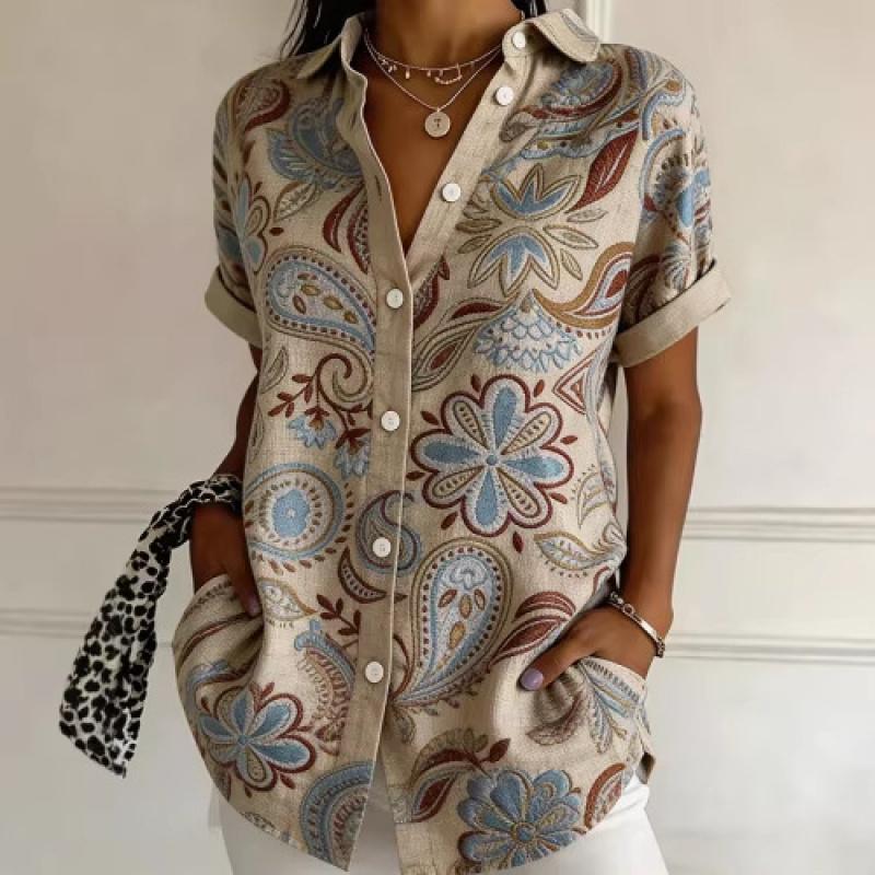 Short-sleeved button-up shirt women's blouse top