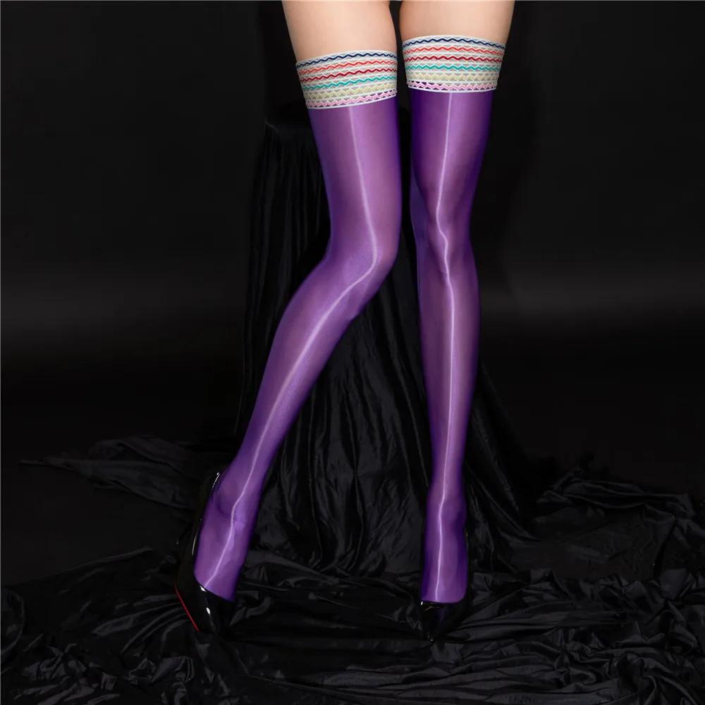 Fashion Women Laopard Stockings Rainbow Stripe Shiny High Stockings Vintage Glossy Tight Shaping Elastic Maid Stockings