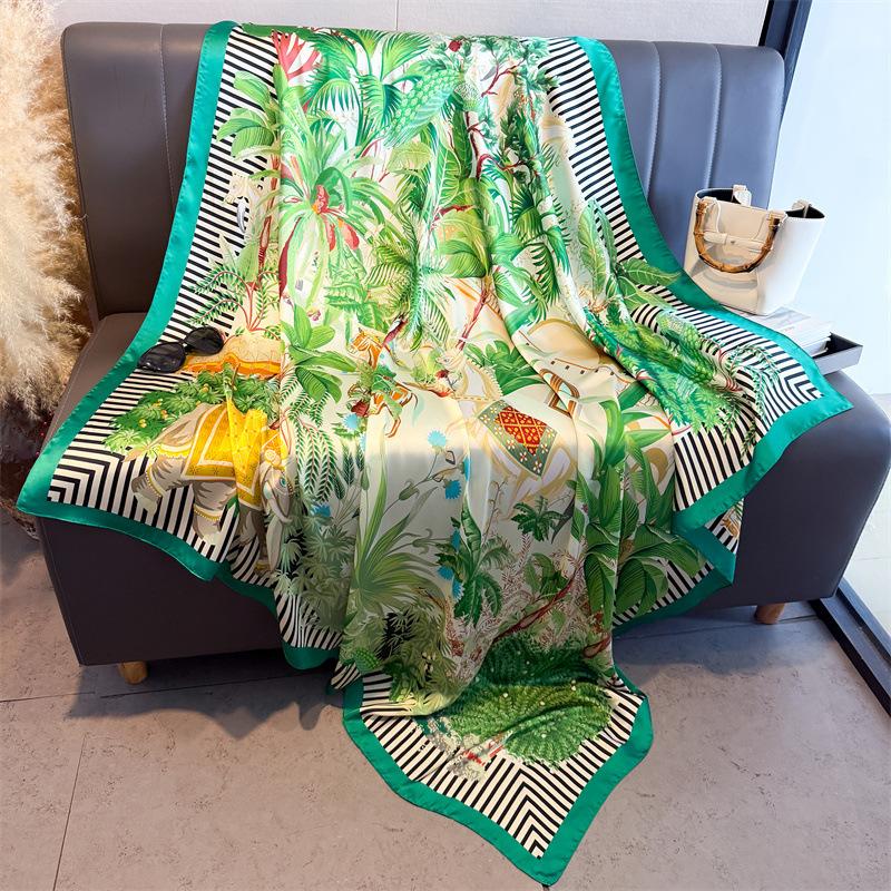 Tropical Jungle Simulation Silk Premium 111cm Large Square Scarf Silk Scarf Printed Shawl Sunscreen Scarf Headscarf Scarf