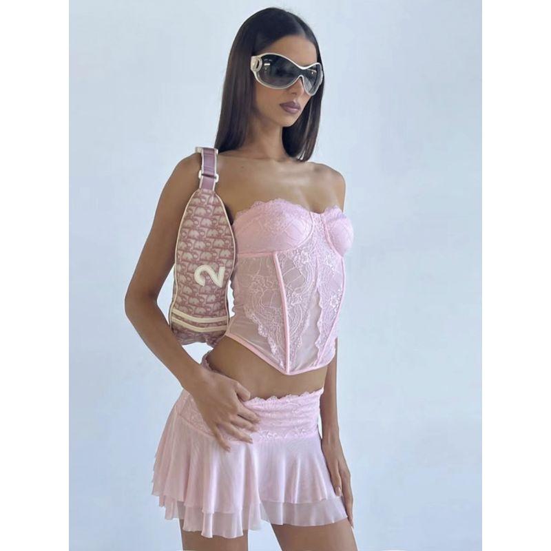 Kkx French Style Barbie Style Pink Lace Silm Fishbone Tube Top Short Top Y2g Pure Desire Skirt Sexy Suit