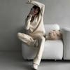 Women Solid Color Long Sleeve Hooded Hoodies Suit Autumn Winter Loose Top Wide Leg Pants