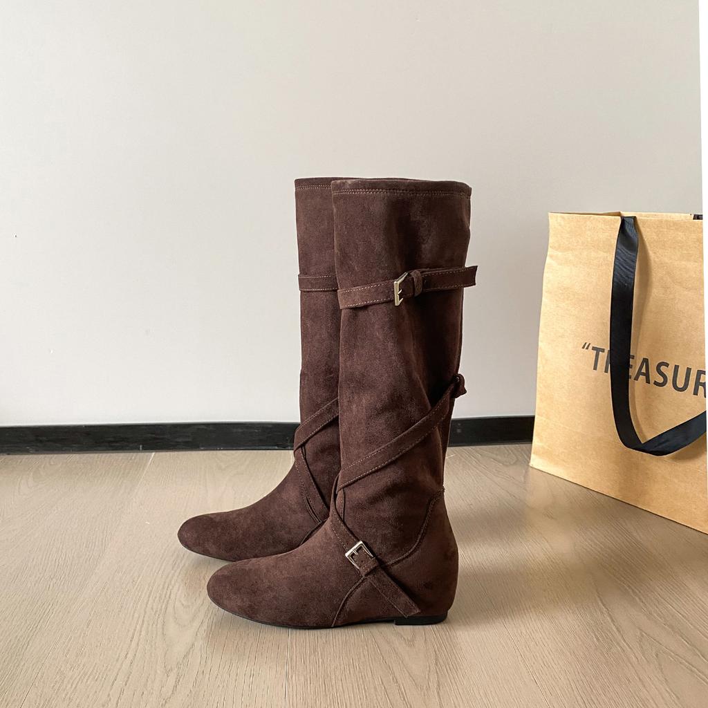 Cowhide version retro style inner height increase 6cm knight boots women's cross buckle pleated boots slim medium boots
