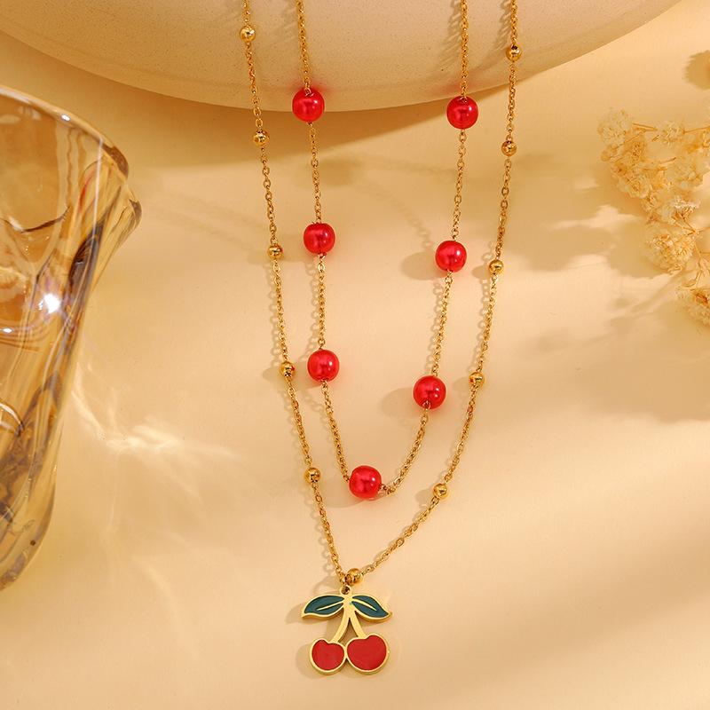 Stainless steel necklace pastoral cherry pendant necklace does not fade female titanium steel necklace fresh small cherry necklace