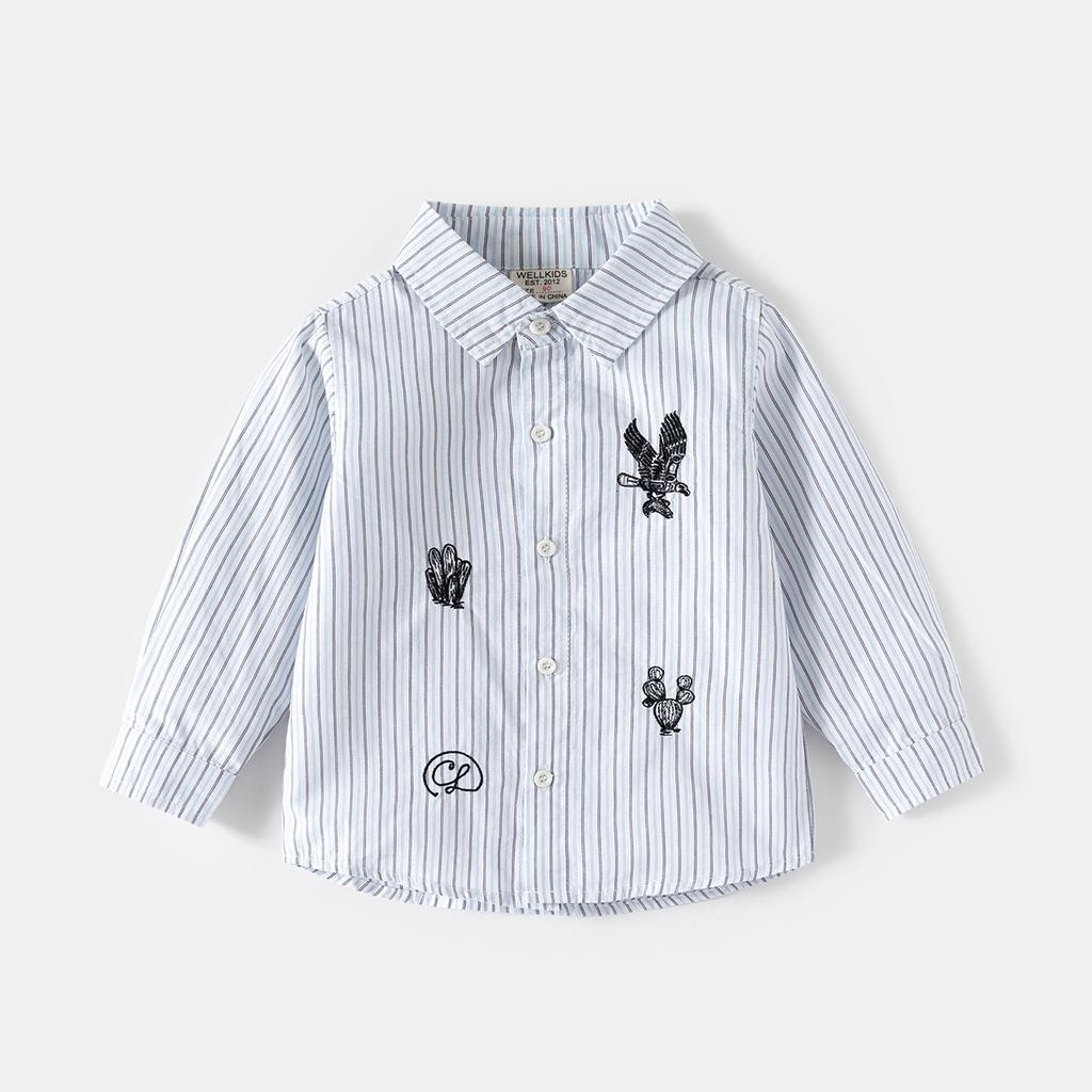 Kids Boys Long Sleeve Striped Embroidery Casual Children Shirt Spring Autumn Top