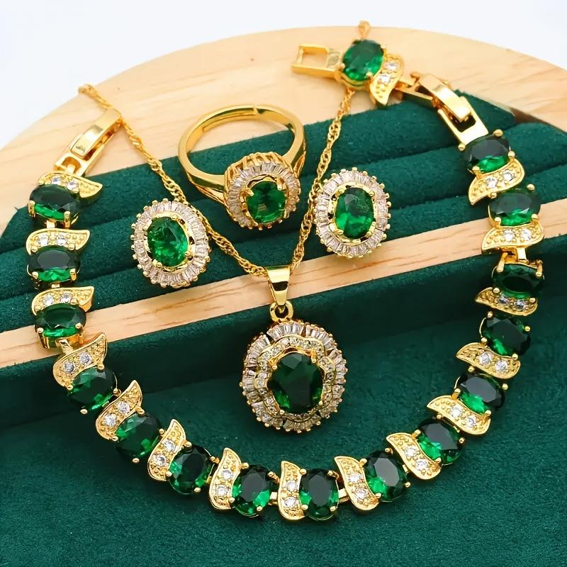 

European and American New Zircon Inlaid Bracelet Pendant Earrings Necklace Ring Femininity Jewelry Set 2026 45CM зелёный