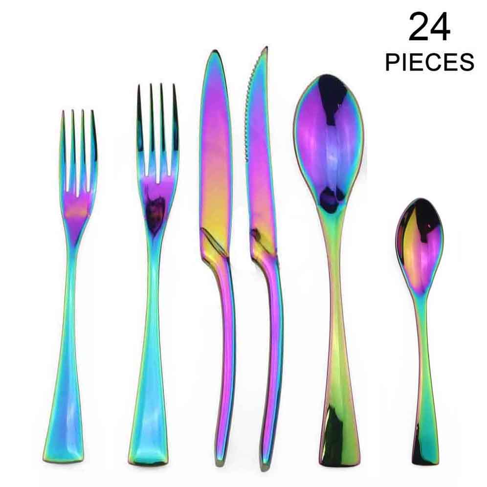 JANKNG 24Pcs 18/10 Stainless Steel Dinnerware Set Black Dinner Silverware Spoon Fork Knife Cutlery Tableware Set Flatware Set