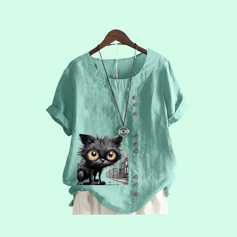 

Женская мода с круглым вырезом и коротким рукавом, летняя свободная льняная футболка Laides Casua Cat Print Blouse XXXXXL озеро синий