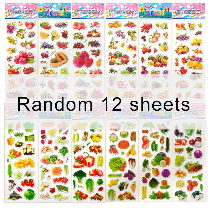 6/12 Sheets 3D Puffy Stickers Fruit Vegetable Bulk Stickers Scrapbook Decoration Birthday Festival Gifts for Adults Boy Girl ZYF