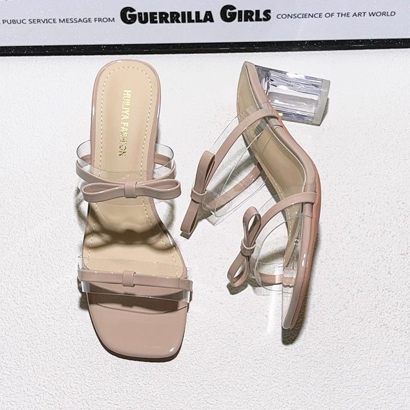 2025 Spring Sweet Pink New Bow Open-toed Cool Slippers Fashionable Transparent Crystal High-heeled Half Slippers Women