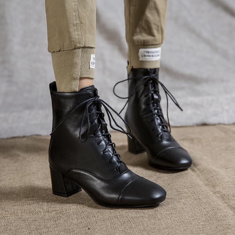 Stivaletti alla Caviglia da Donna alla Moda Autunno Inverno Nero Bianco Scarpe da Festa Femminili Casual Tacco Basso Stivaletto Corto Allacciato Taglia Grande 34- 45