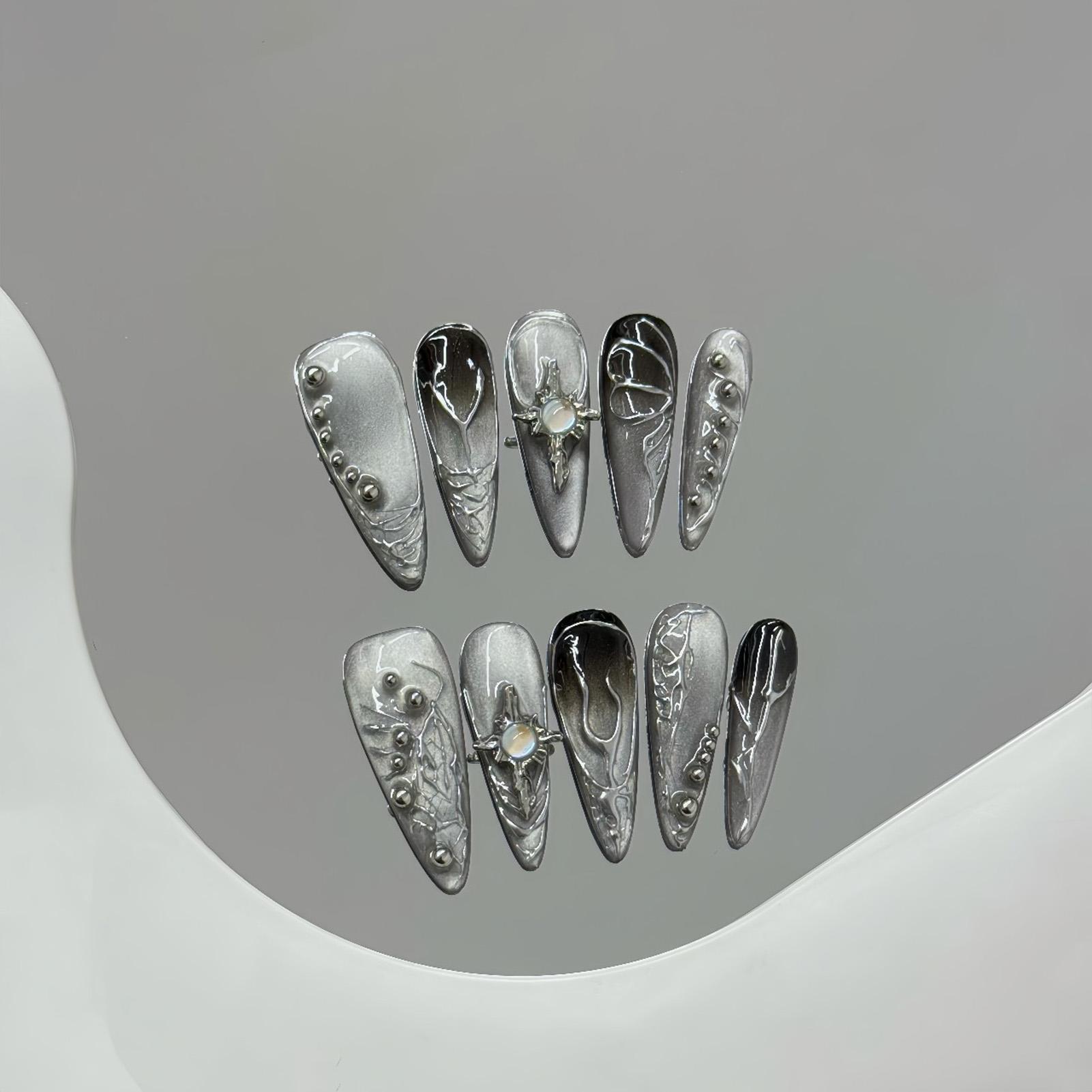 10PCS Fake Nails Long Pointed Press On Nails Mechanical Style Long Press On Nails For Daily Party Wear Long Tip_M чёрный