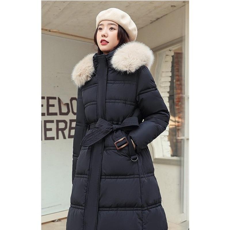 Winter Down Cotton Parkas Jacket Women's X-Long Faux Fur Collar Padded Jacket Thick Loose Large Size Padded Jacket